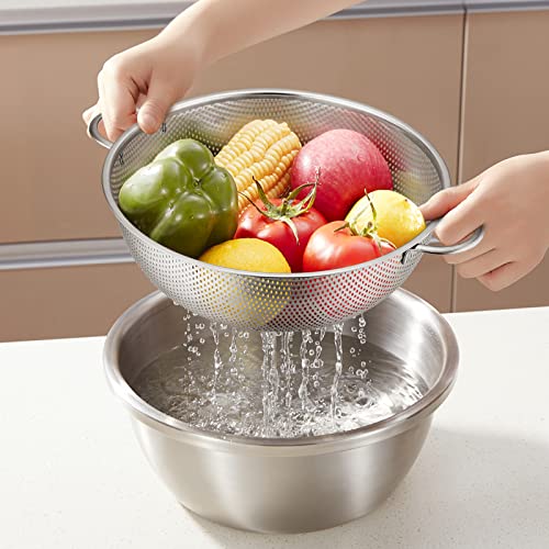 Stainless Steel Colander Set of 3 (1-3-5Quart), E-far Micro-Perforated Metal Colander Strainer with Handle for Kitchen/Draining Pasta/Rinsing Vegetables Fruits, Heavy Duty & Dishwasher Safe