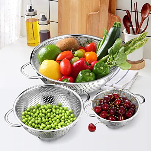 Stainless Steel Colander Set of 3 (1-3-5Quart), E-far Micro-Perforated Metal Colander Strainer with Handle for Kitchen/Draining Pasta/Rinsing Vegetables Fruits, Heavy Duty & Dishwasher Safe