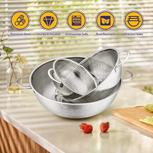 Stainless Steel Colander Set of 3 (1-3-5Quart), E-far Micro-Perforated Metal Colander Strainer with Handle for Kitchen/Draining Pasta/Rinsing Vegetables Fruits, Heavy Duty & Dishwasher Safe