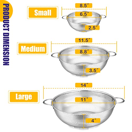 Stainless Steel Colander Set of 3 (1-3-5Quart), E-far Micro-Perforated Metal Colander Strainer with Handle for Kitchen/Draining Pasta/Rinsing Vegetables Fruits, Heavy Duty & Dishwasher Safe