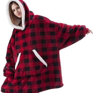FLYCHEN Blanket Hoodie Blanket Oversized Wearable Sherpa Hoodie with 2 Pockets Red Plaid