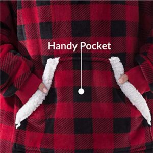 FLYCHEN Blanket Hoodie Blanket Oversized Wearable Sherpa Hoodie with 2 Pockets Red Plaid