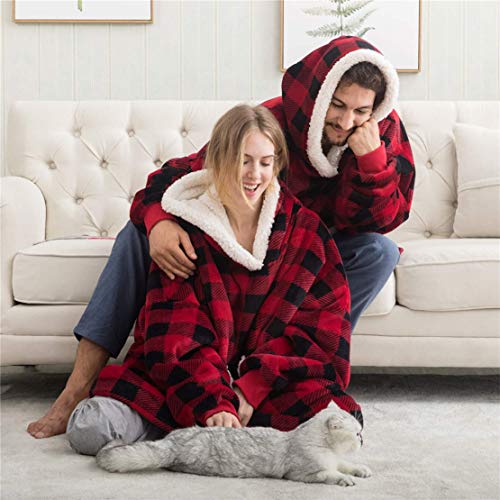 FLYCHEN Blanket Hoodie Blanket Oversized Wearable Sherpa Hoodie with 2 Pockets Red Plaid