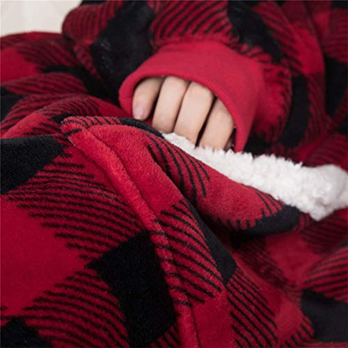 FLYCHEN Blanket Hoodie Blanket Oversized Wearable Sherpa Hoodie with 2 Pockets Red Plaid