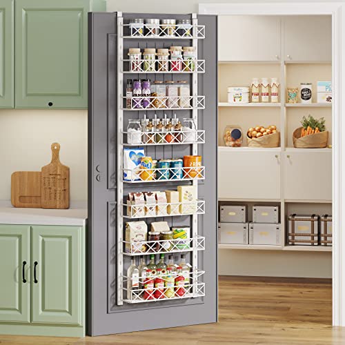 1Easylife Over The Door Pantry Organizer Rack, 8-Tier Adjustable Pantry Organization and Storage, Heavy-duty Metal Door Spice Rack for Kitchen Pantry, Slim Hanging Can Organizer for Narrow Door(White)