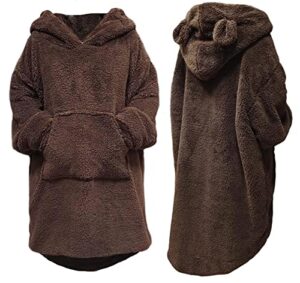 furry fluffy women blanket hoodie rabbit or bear fashion animal wearable blankets hoodies sweater blanket sweatshirt soft cozy oversized warm fleece sherpa blanket jacket (coffee bear)