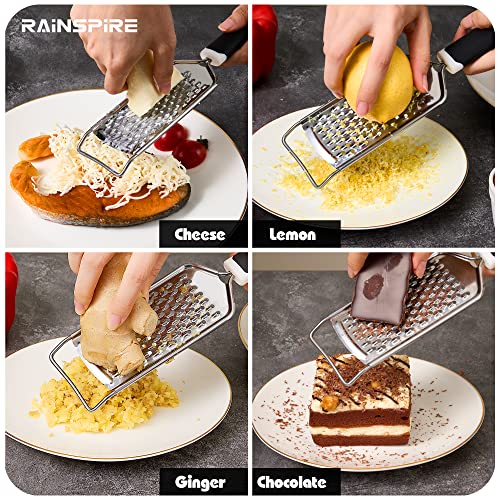 Rainspire Professional Cheese Graters for Kitchen Stainless Steel Handheld, Metal Lemon Zester Grater With Handle For Cheese, Chocolate, Spices, Kitchen Gadgets And Tools, Soft Grip Handle, Black