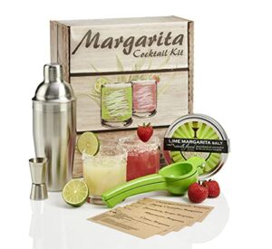 margarita cocktail kit - set of rocks glasses | stainless cocktail shaker & jigger | citrus squeezer | rokz lime infused margarita salt | recipe cards. the perfect margarita kit gift set!