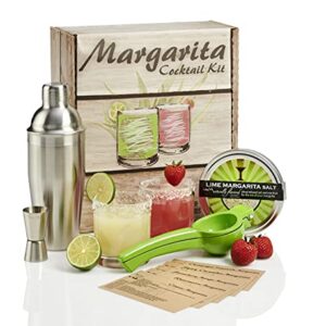 Margarita Cocktail Kit - Set of Rocks Glasses | Stainless Cocktail Shaker & Jigger | Citrus Squeezer | Rokz Lime Infused Margarita Salt | Recipe Cards. The Perfect Margarita Kit Gift Set!