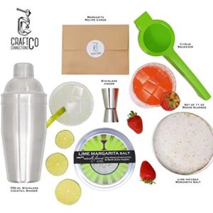 Margarita Cocktail Kit - Set of Rocks Glasses | Stainless Cocktail Shaker & Jigger | Citrus Squeezer | Rokz Lime Infused Margarita Salt | Recipe Cards. The Perfect Margarita Kit Gift Set!