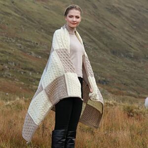 aran woollen mills patchwork intarsia merino wool irish blanket,wicker/white,one size