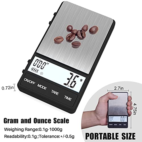 Weightman Espresso Scale with Timer 1000g x 0.1g Small & Thin Travel Coffee Scale, Mini Digital Scale Grams and Ounces with Large Backlit LCD Stainless Steel Pocket Food Scale Drip Tray Pulling Scale