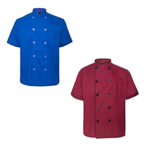 toptie 2 pack unisex short sleeve chef coat jacket, royal blue/red