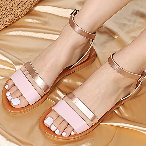 Womens Glitter Sandals Women's Summer European and American Flat Bottomed Beach Shoes Buckle Solid Color Snakeskin Leopard Roman Sandals (Red, 6.5)