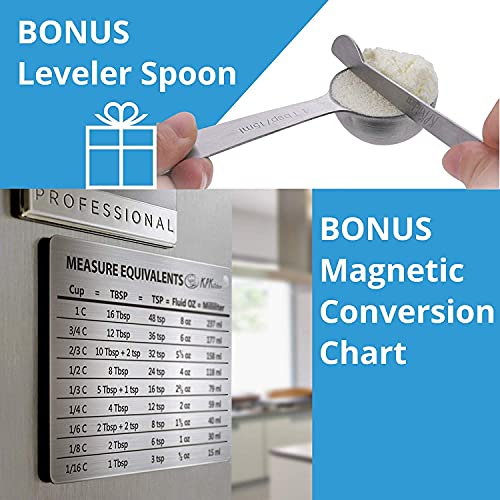 Stainless Steel Measuring Cups and Spoons Set of 16-7 Cup & 7 Spoon + Conversion Chart & Leveler - Kitchen Measuring Spoons and Cups - Dry Measure Cups Stainless Steel & Baking Metal Measuring Cups