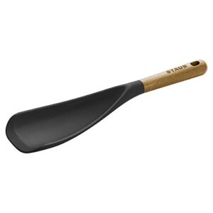 staub multifunction spatula spoon, great for both cooking and serving durable bpa-free matte black silicone, acacia wood handles, safe for nonstick cooking surfaces