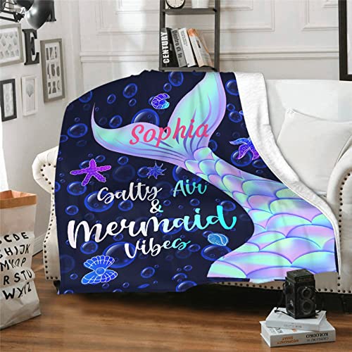 Personalized Mermaid Blanket Custom Name Blanket for Girls Women Customized Mermaid Tail Scale Blanket Cute Animal Soft Cozy Lightweight Fleece Throw Blanket Birthday Gift For Sofa Bed XS For Toddlers