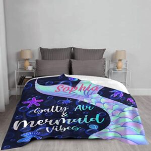 Personalized Mermaid Blanket Custom Name Blanket for Girls Women Customized Mermaid Tail Scale Blanket Cute Animal Soft Cozy Lightweight Fleece Throw Blanket Birthday Gift For Sofa Bed XS For Toddlers