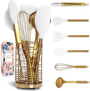 white silicone and gold cooking utensils set with gold utensil holder: 17pc set includes white & gold measuring cups and spoons set,white utensils set,gold spatula,gold whisk -gold kitchen accessories