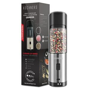 kochnors usb rechargeable pepper grinder, gravity electric pepper grinder with 6 level adjustable coarseness, one handed operated salt and pepper grinder for kitchen, restaurant and bbq