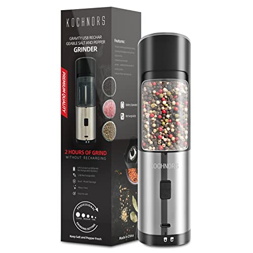 Kochnors USB Rechargeable Pepper Grinder, Gravity Electric Pepper Grinder with 6 Level Adjustable Coarseness, One Handed Operated Salt and Pepper Grinder for Kitchen, Restaurant and BBQ