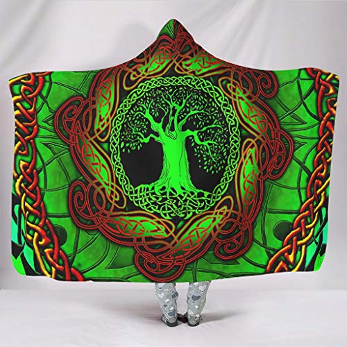 Festhad Green Tree of Life Knot Tattoo Norse Viking Yggdrasil Mythology Print Hooded Blankets Colorful Soft Hoodie Cape Adults Snuggling White 50x60 inch