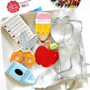 back to school and teacher appreciation cookie cutters 5-pc set made in usa by ann clark, apple, pencil, crayon, scissors, paper