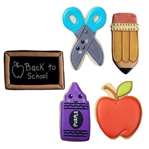 Back to School and Teacher Appreciation Cookie Cutters 5-Pc Set Made in USA by Ann Clark, Apple, Pencil, Crayon, Scissors, Paper