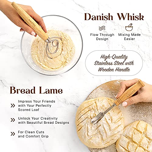 Banneton Bread Proofing Basket Set of 2 with Sourdough Bread Baking Supplies - A Complete Bread Making Kit Including 9" Proofing Baskets, Danish Whisk, Bowl Scraper, Dough Scraper, & Bread Lame