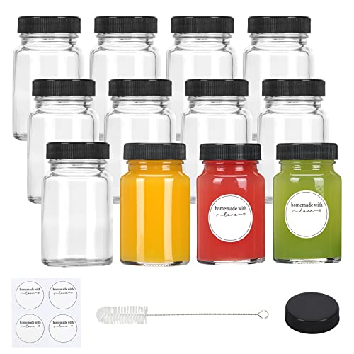 CUCUMI 12pcs 2oz Small Clear Glass Bottles with Lids for Liquids, Wide Mouth Short Jars with Caps Mini Glass Juice Bottles for Potion, Ginger Shots, Oils, with Waterproof Stickers and Brush