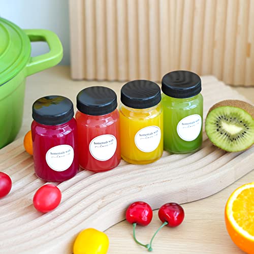 CUCUMI 12pcs 2oz Small Clear Glass Bottles with Lids for Liquids, Wide Mouth Short Jars with Caps Mini Glass Juice Bottles for Potion, Ginger Shots, Oils, with Waterproof Stickers and Brush