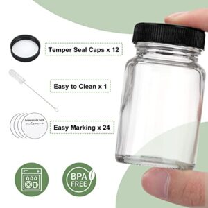 CUCUMI 12pcs 2oz Small Clear Glass Bottles with Lids for Liquids, Wide Mouth Short Jars with Caps Mini Glass Juice Bottles for Potion, Ginger Shots, Oils, with Waterproof Stickers and Brush