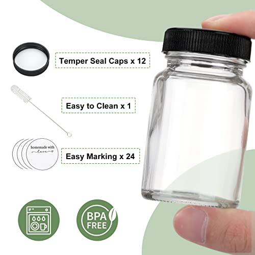 CUCUMI 12pcs 2oz Small Clear Glass Bottles with Lids for Liquids, Wide Mouth Short Jars with Caps Mini Glass Juice Bottles for Potion, Ginger Shots, Oils, with Waterproof Stickers and Brush