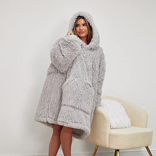 Sienna Fluffy Long Fibre Fleece Sherpa Lined Super Soft Hoodie Blanket Adults Oversized Giant Christmas Jumper Gift Throw - Silver