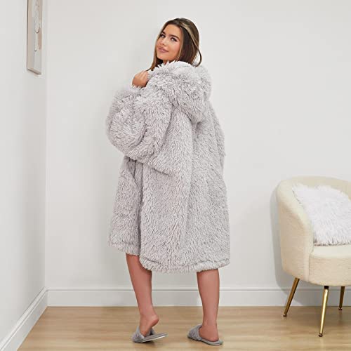 Sienna Fluffy Long Fibre Fleece Sherpa Lined Super Soft Hoodie Blanket Adults Oversized Giant Christmas Jumper Gift Throw - Silver