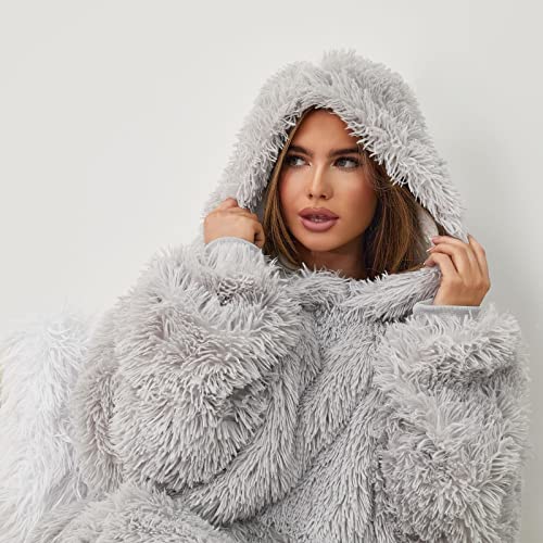 Sienna Fluffy Long Fibre Fleece Sherpa Lined Super Soft Hoodie Blanket Adults Oversized Giant Christmas Jumper Gift Throw - Silver