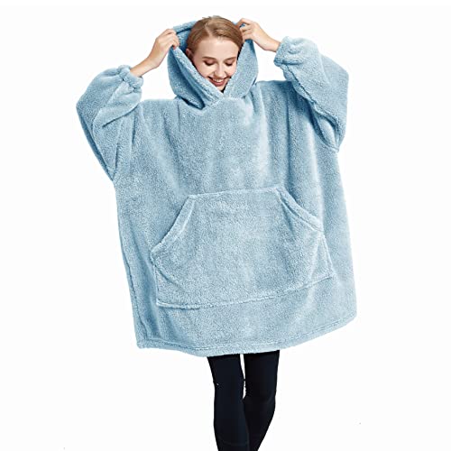 Blanket Hoodie for Women and Men Super Warm and Cozy Giant Blanket Sweatshirt (Light Blue One Size)