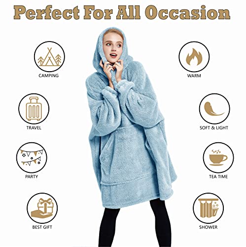 Blanket Hoodie for Women and Men Super Warm and Cozy Giant Blanket Sweatshirt (Light Blue One Size)