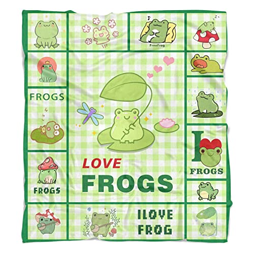 Frog Blanket Cute Print Flannel Throw Gift for Childs Teens Adults Super Soft Snuggle Breathable Foldable Bed Sofa Couch Novelty Unisex 100x130 Green 40x50