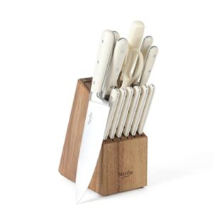 martha stewart eastwalk 14 piece high carbon stainless steel cutlery knife block set w/abs triple riveted forged handle acacia wood block - linen