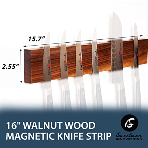 Durable Magnetic Knife Holder For Wall- 16 Inch Genuine Walnut Wood Knife Magnetic Strip With Ultra Strong Magnetic Block For Secure Storage- Kitchen Wall Knife Bar Organizer Rack- Easy Installation