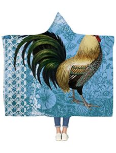 arnecase wearable blankets reversible warm cozy throw blankets a rooster on retro blue pattern lightweight sherpa plush fluffy blankets with hooded 59x79in