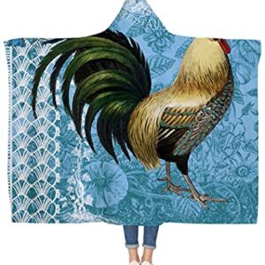 ArneCase Wearable Blankets Reversible Warm Cozy Throw Blankets A Rooster on Retro Blue Pattern Lightweight Sherpa Plush Fluffy Blankets with Hooded 59x79In