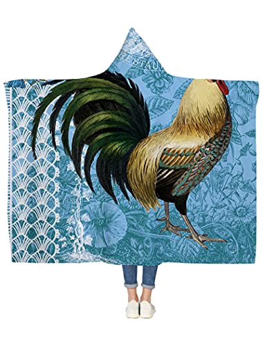 ArneCase Wearable Blankets Reversible Warm Cozy Throw Blankets A Rooster on Retro Blue Pattern Lightweight Sherpa Plush Fluffy Blankets with Hooded 59x79In