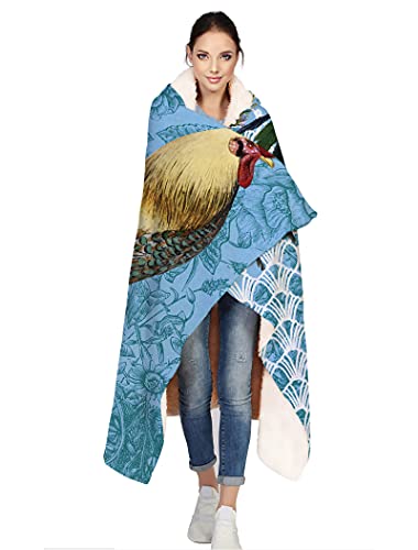 ArneCase Wearable Blankets Reversible Warm Cozy Throw Blankets A Rooster on Retro Blue Pattern Lightweight Sherpa Plush Fluffy Blankets with Hooded 59x79In