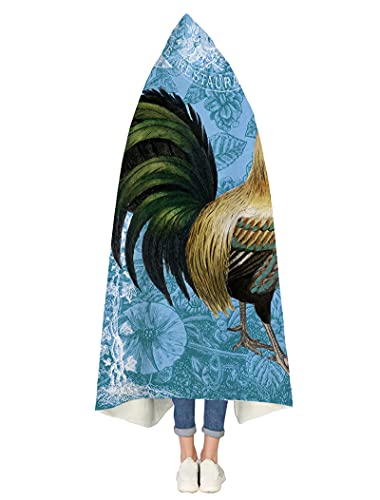 ArneCase Wearable Blankets Reversible Warm Cozy Throw Blankets A Rooster on Retro Blue Pattern Lightweight Sherpa Plush Fluffy Blankets with Hooded 59x79In