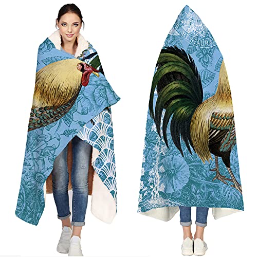 ArneCase Wearable Blankets Reversible Warm Cozy Throw Blankets A Rooster on Retro Blue Pattern Lightweight Sherpa Plush Fluffy Blankets with Hooded 59x79In