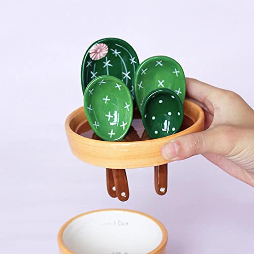 Sizikato 4pcs Porcelain Measuring Spoons with Base, Cute Cactus Shape