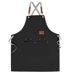 chef apron-cross back apron for men women with adjustable straps and large pockets,canvas,m-xxl,black