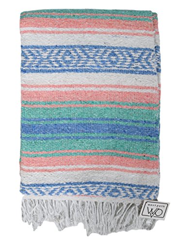 Open Road Goods Light Teal and Coral Mexican Blanket - Authentic Mexican Flasa - Great Yoga Blanket, Beach Blanket, Picnic Blanket, or Mexican Throw! Handwoven